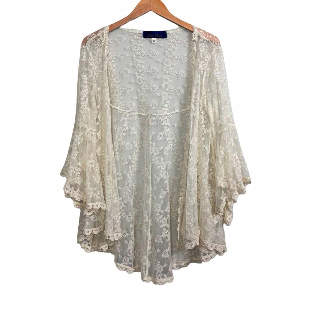 Blue Rain Women’s Ivory Sheer Mesh Floral Embroidered Lace Kimono Bell S